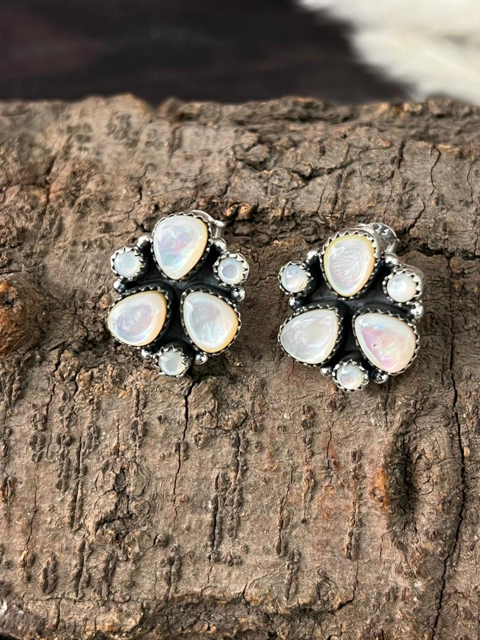 Handmade Sterling Silver Wedding Collection: Mother of Pearl Post Studs Earrings "Signed Nizhoni"