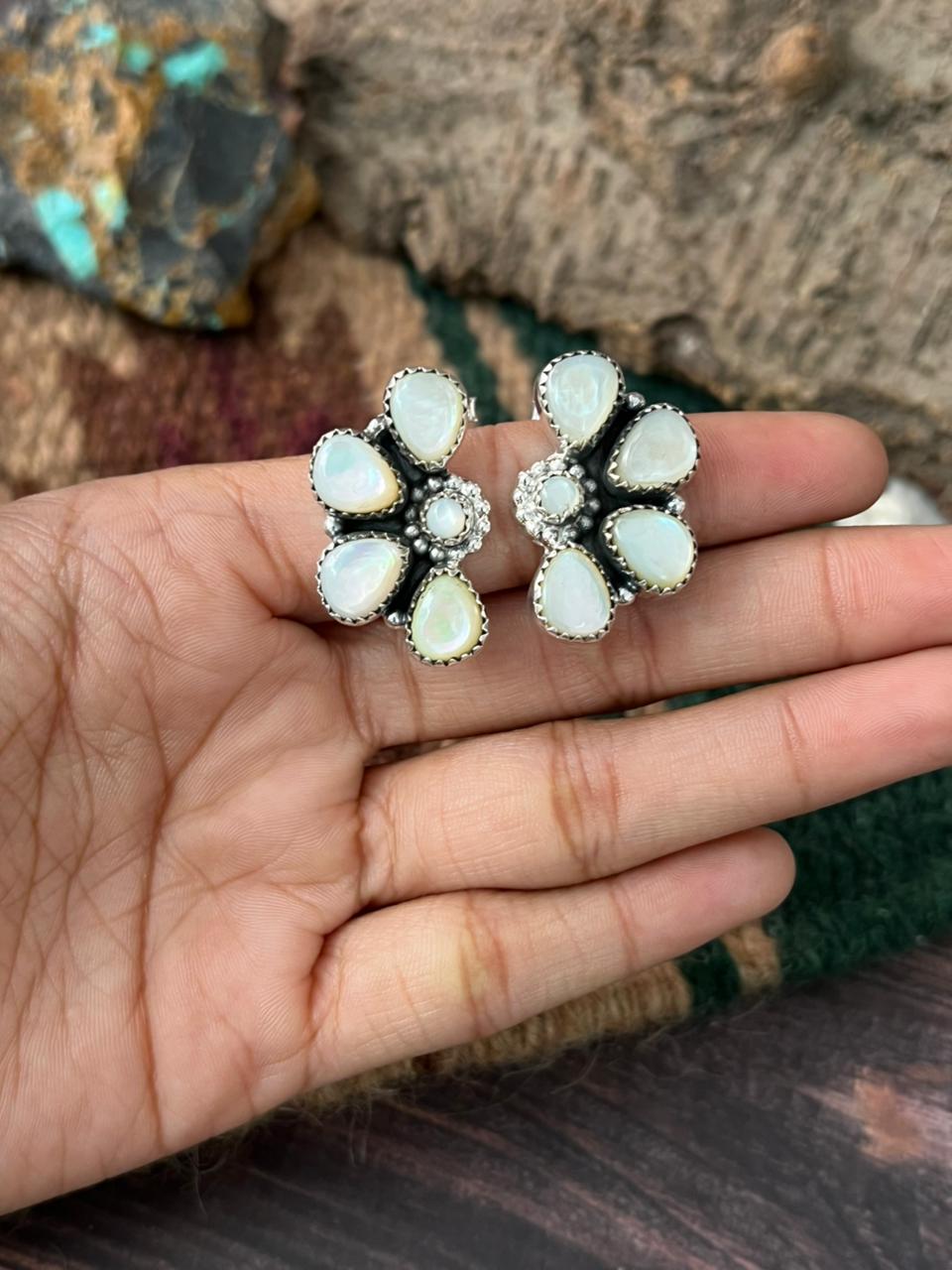 Handmade Sterling Silver Wedding Collection: Mother of Pearl Post Studs Earrings "Signed Nizhoni"