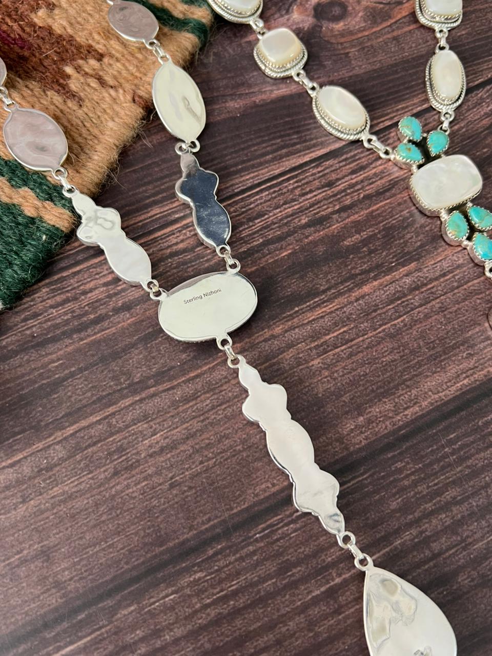 Handmade Sterling Silver Wedding Collection: Mother of Pearl with Kingman Turquoise Necklace "Signed Nizhoni"