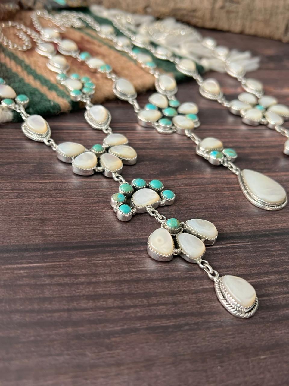 Handmade Sterling Silver Wedding Collection: Mother of Pearl with Kingman Turquoise Necklace "Signed Nizhoni"