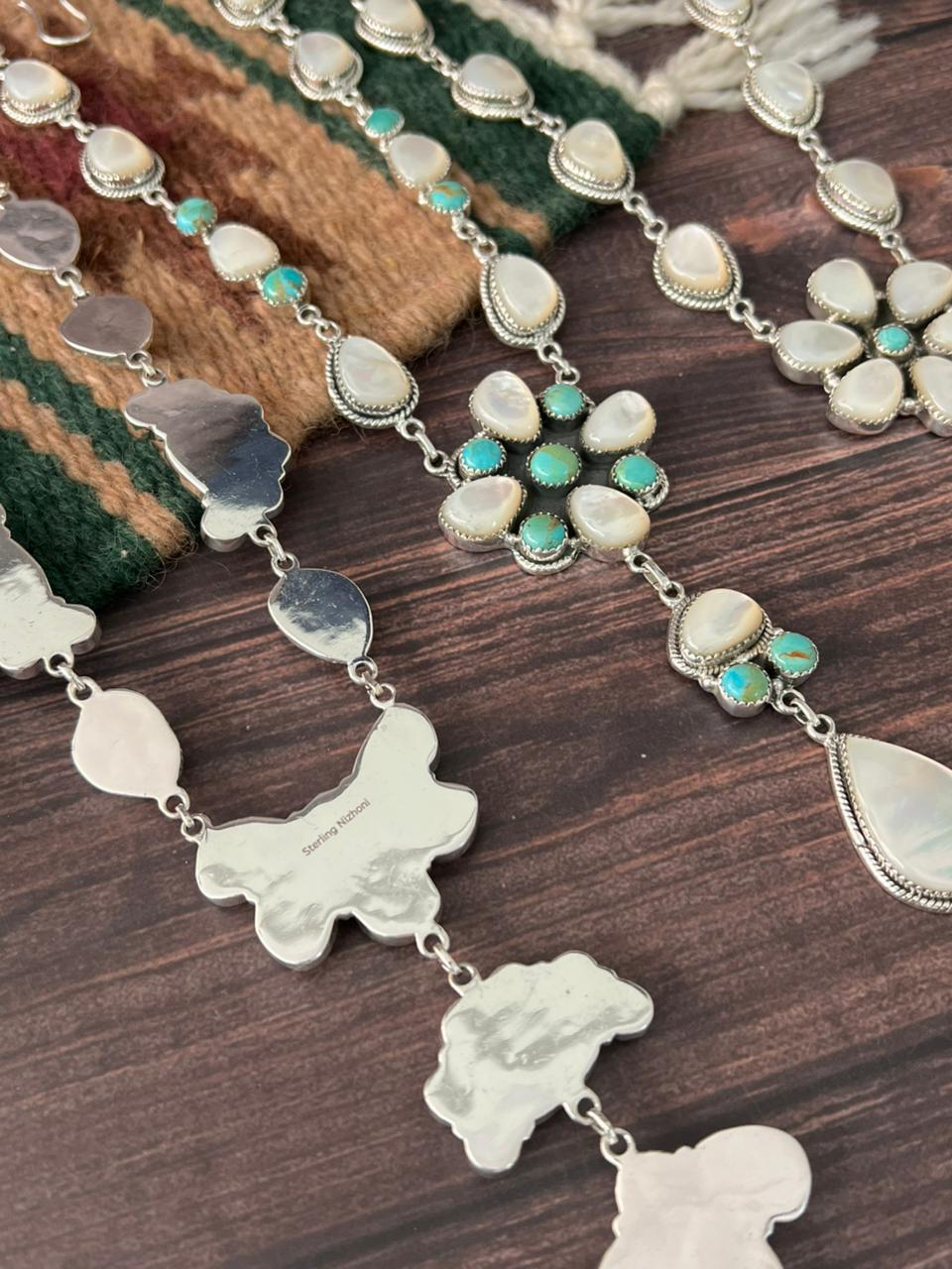 Handmade Sterling Silver Wedding Collection: Mother of Pearl with Kingman Turquoise Necklace "Signed Nizhoni"