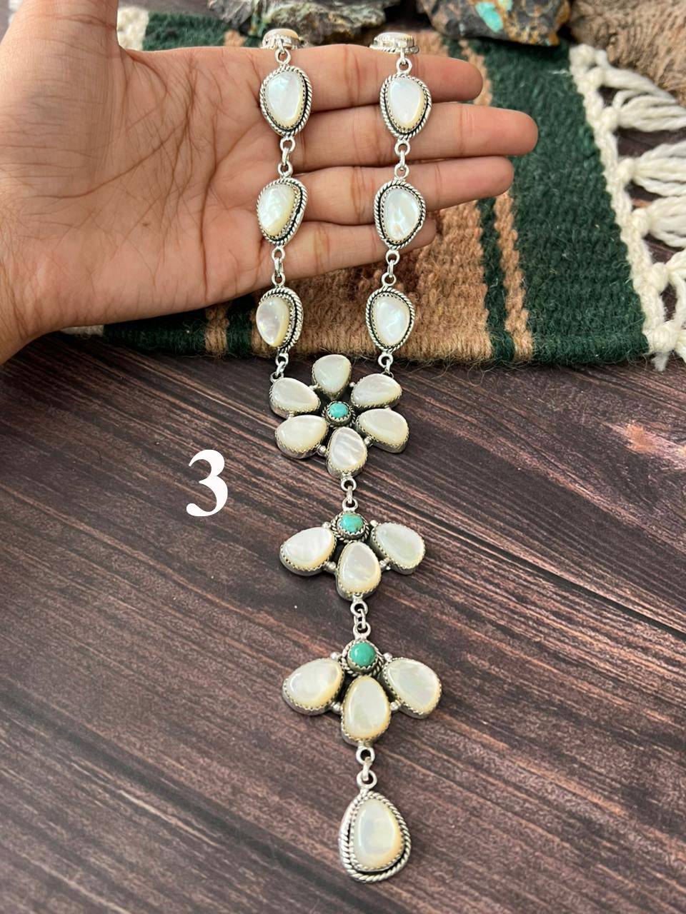 Handmade Sterling Silver Wedding Collection: Mother of Pearl with Kingman Turquoise Necklace "Signed Nizhoni"