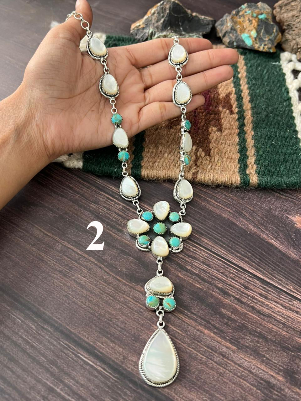 Handmade Sterling Silver Wedding Collection: Mother of Pearl with Kingman Turquoise Necklace "Signed Nizhoni"