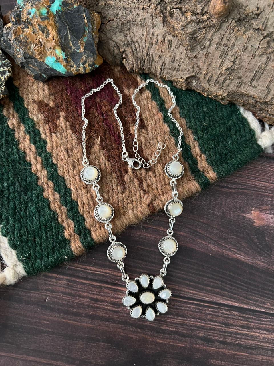 Handmade Sterling Silver Wedding Collection: Mother of Pearl Necklace "Signed Nizhoni"