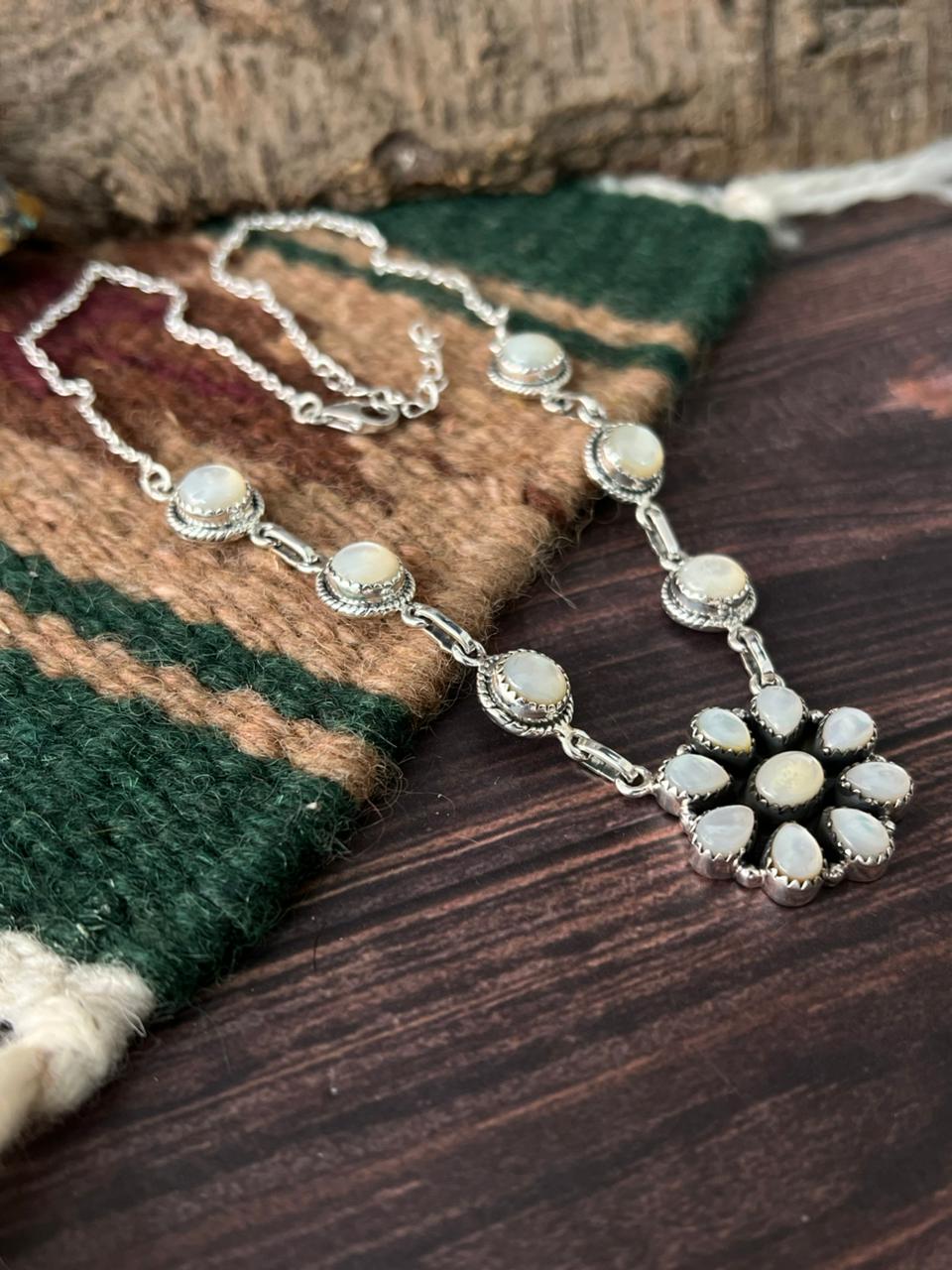 Handmade Sterling Silver Wedding Collection: Mother of Pearl Necklace "Signed Nizhoni"
