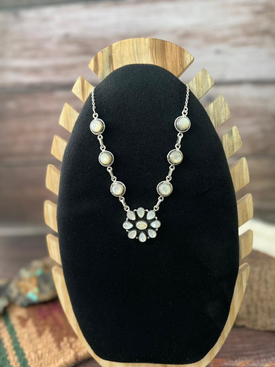 Handmade Sterling Silver Wedding Collection: Mother of Pearl Necklace "Signed Nizhoni"