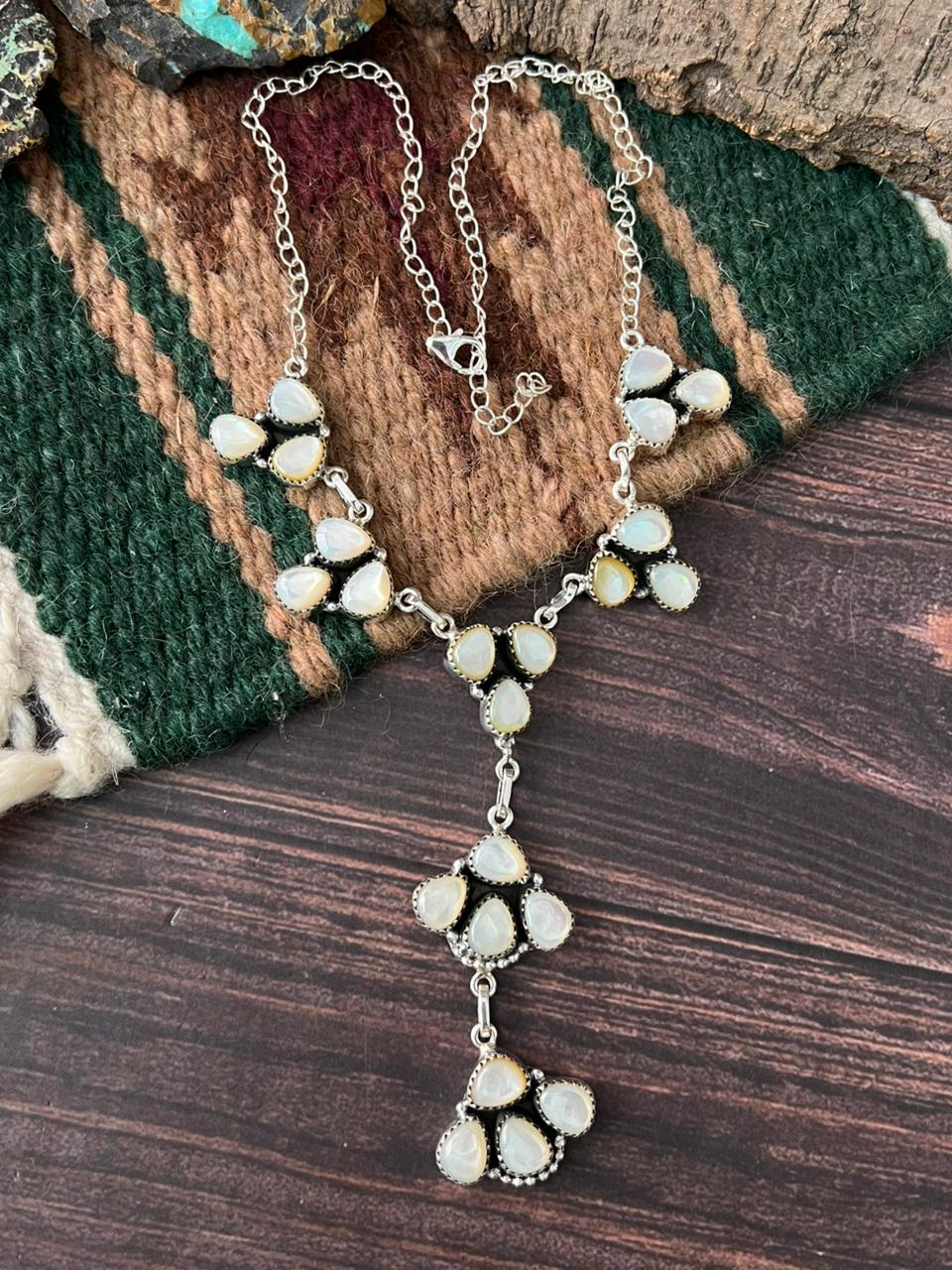 Handmade Sterling Silver Wedding Collection: Mother of Pearl Drop Necklace "Signed Nizhoni"