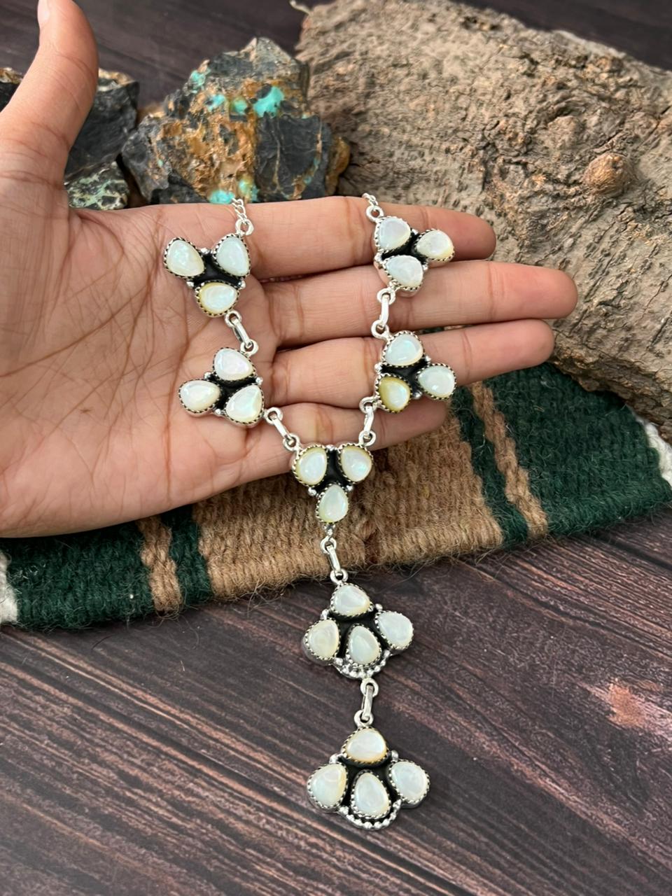 Handmade Sterling Silver Wedding Collection: Mother of Pearl Drop Necklace "Signed Nizhoni"