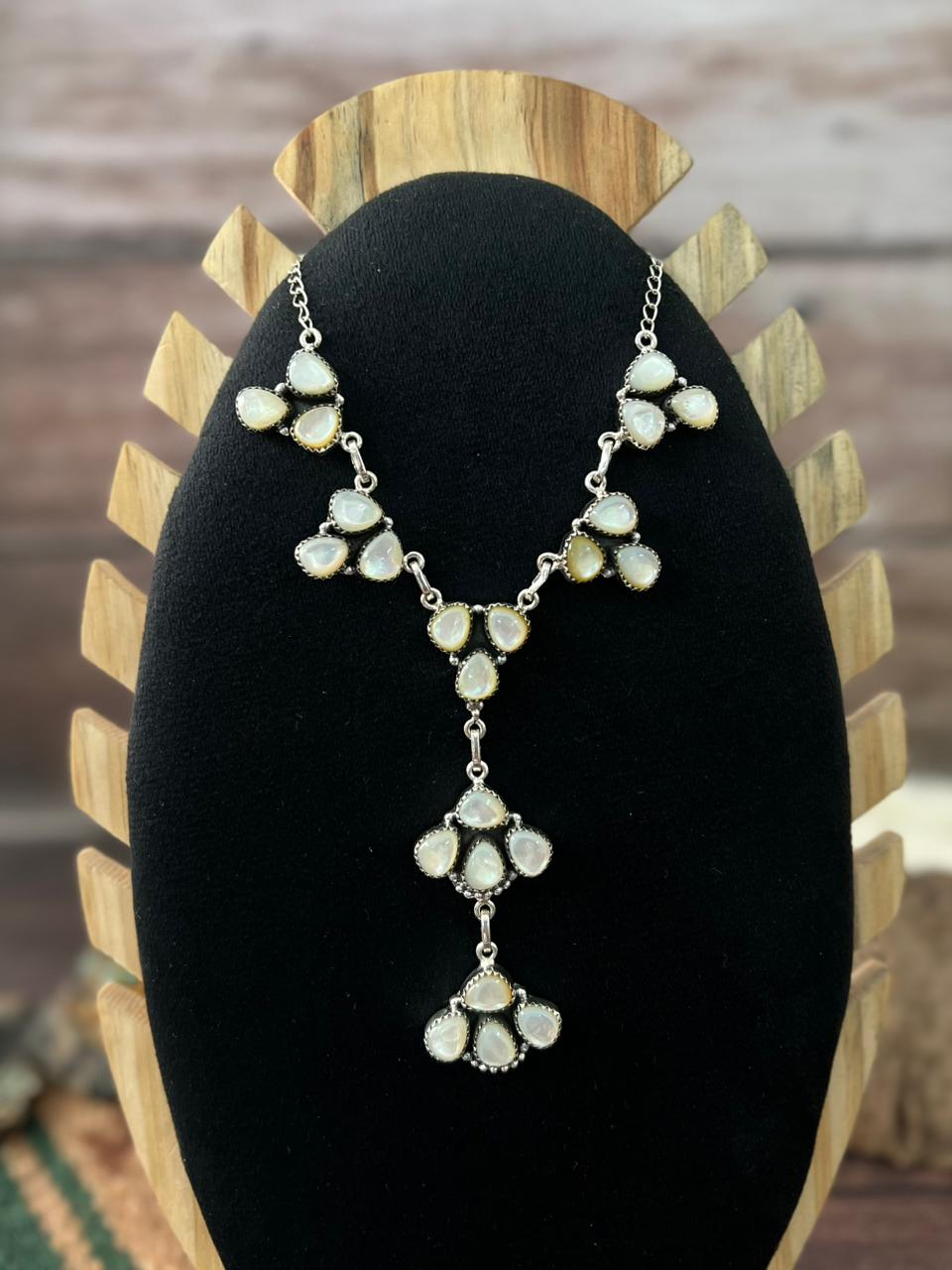Handmade Sterling Silver Wedding Collection: Mother of Pearl Drop Necklace "Signed Nizhoni"