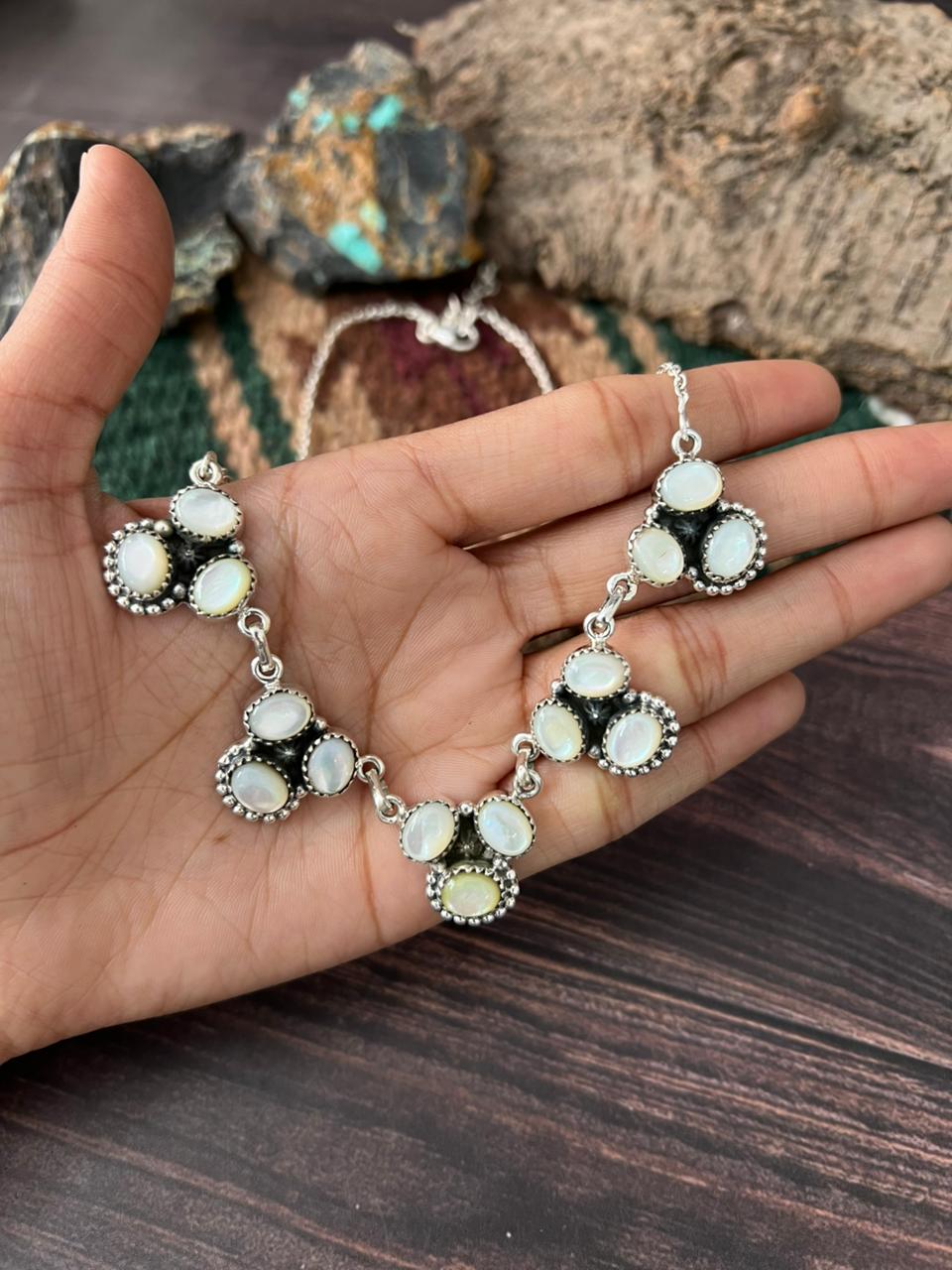 Handmade Sterling Silver Wedding Collection: Mother of Pearl Necklace "Signed Nizhoni"