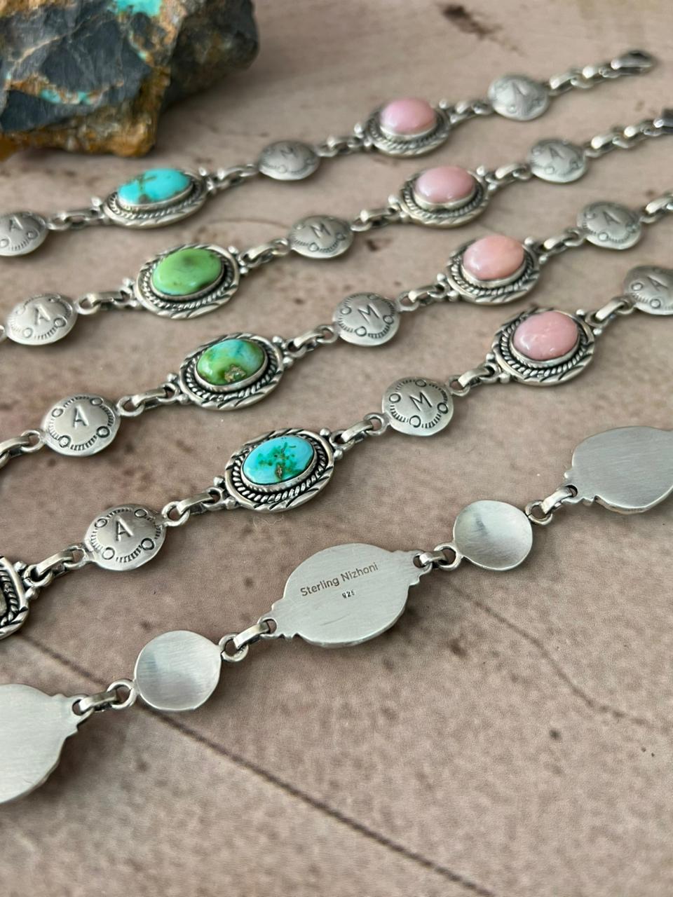 Handmade Sterling Silver Mama Collection: Pink Opal with Sonoran Mountain and Palomino Turquoise Bracelet "Signed Nizhoni"