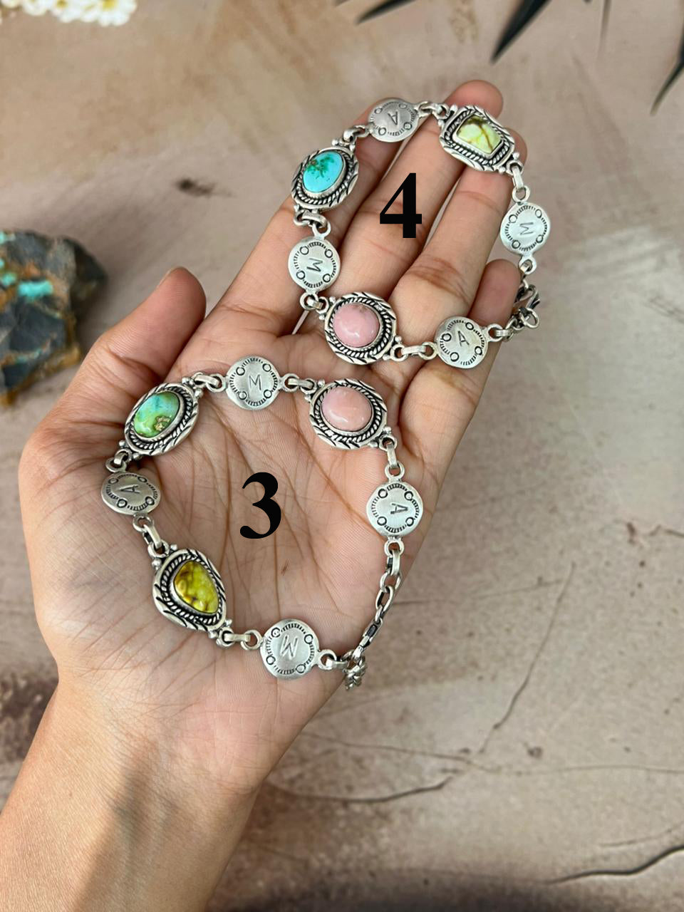 Handmade Sterling Silver Mama Collection: Pink Opal with Sonoran Mountain and Palomino Turquoise Bracelet "Signed Nizhoni"