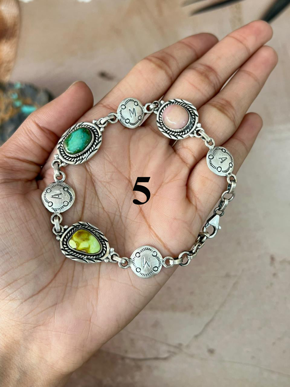Handmade Sterling Silver Mama Collection: Pink Opal with Sonoran Mountain and Palomino Turquoise Bracelet "Signed Nizhoni"