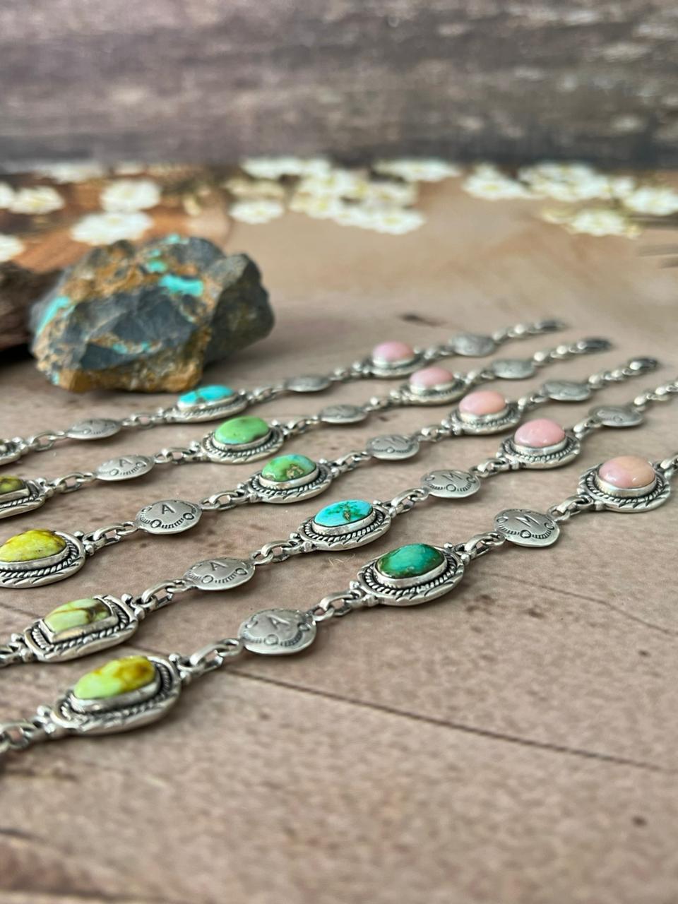 Handmade Sterling Silver Mama Collection: Pink Opal with Sonoran Mountain and Palomino Turquoise Bracelet "Signed Nizhoni"