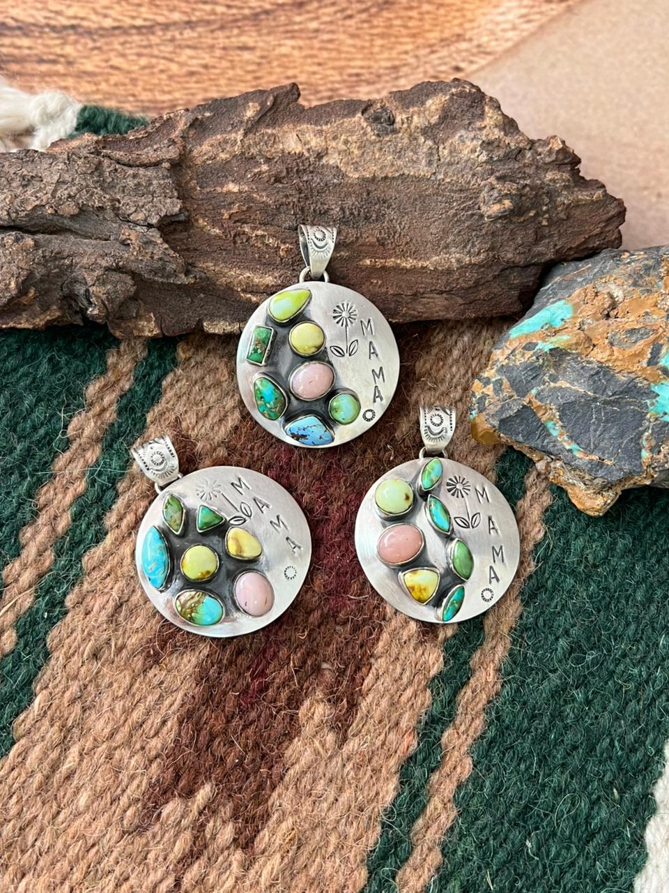 Handmade Sterling Silver Mama Collection: Pink Opal with Sonoran, Golden Hills and Palomino Turquoise Pendant "Signed Nizhoni"