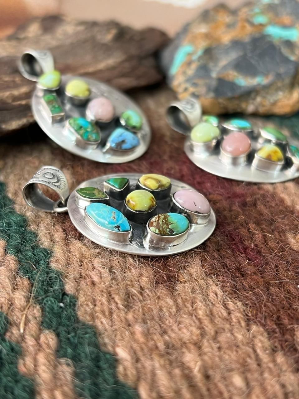 Handmade Sterling Silver Mama Collection: Pink Opal with Sonoran, Golden Hills and Palomino Turquoise Pendant "Signed Nizhoni"