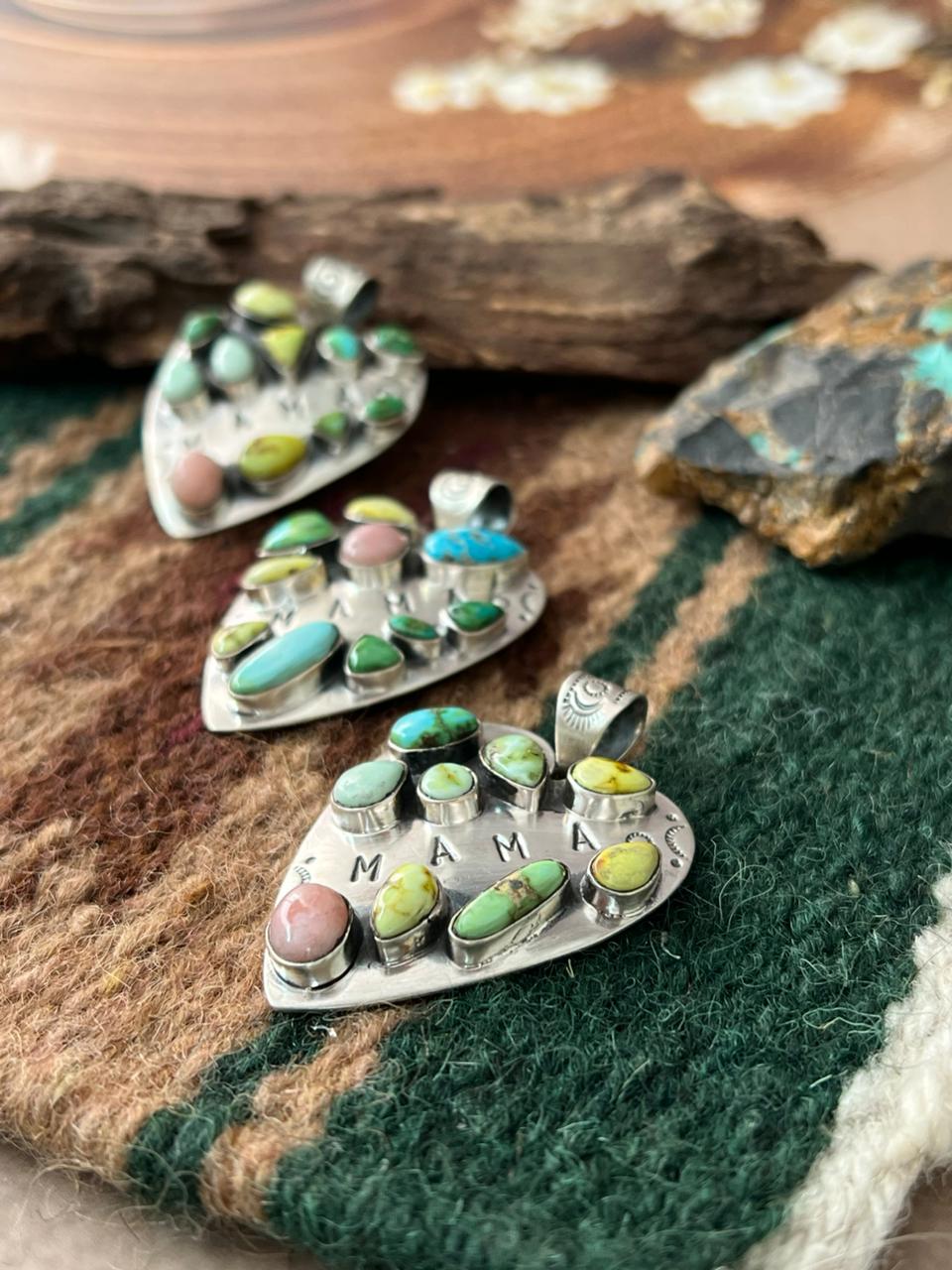 Handmade Sterling Silver Mama Collection: Pink Opal with Sonoran, White Water, Paloma and Palomino Turquoise Pendant "Signed Nizhoni"