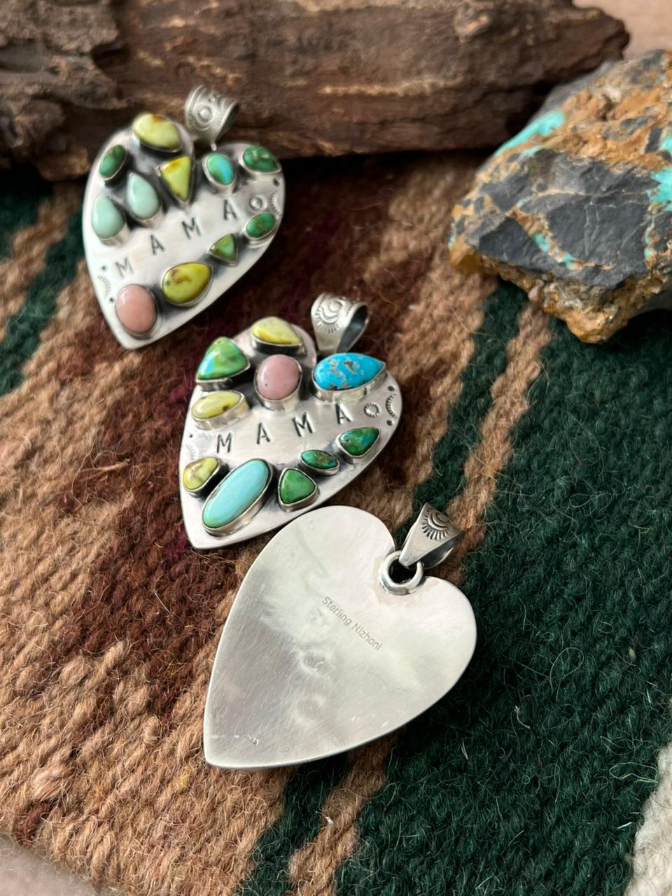 Handmade Sterling Silver Mama Collection: Pink Opal with Sonoran, White Water, Paloma and Palomino Turquoise Pendant "Signed Nizhoni"