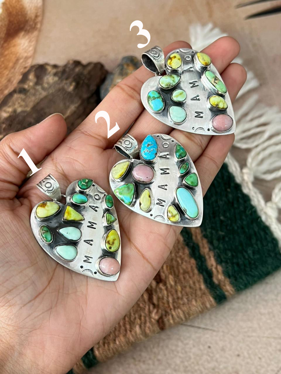 Handmade Sterling Silver Mama Collection: Pink Opal with Sonoran, White Water, Paloma and Palomino Turquoise Pendant "Signed Nizhoni"