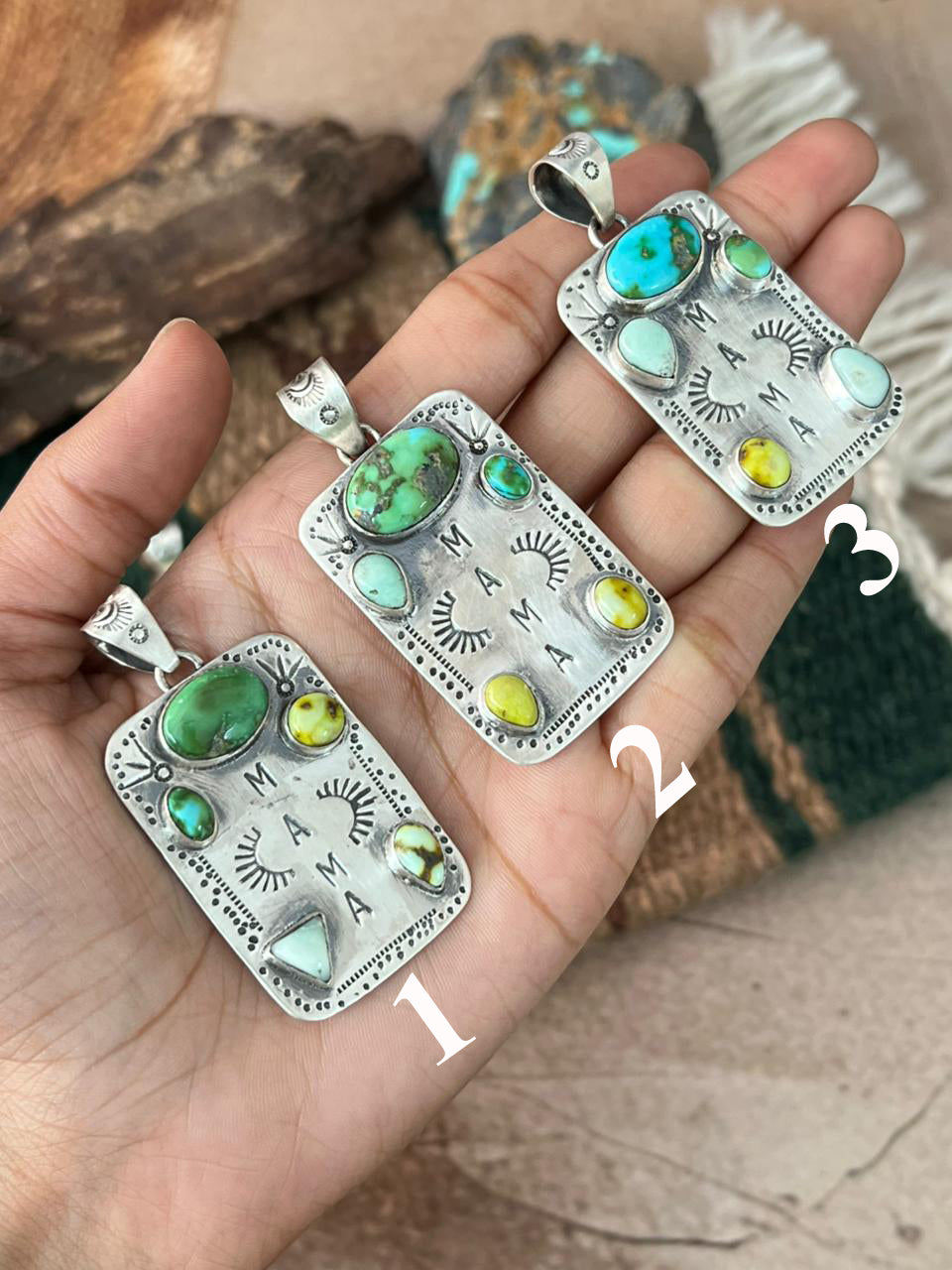 Handmade Sterling Silver Mama Collection: Sonoran Mountain with Paloma and Palomino Turquoise Pendant "Signed Nizhoni"