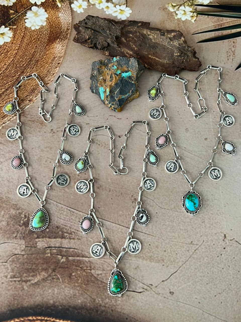 Handmade Sterling Silver Mama Collection: Pink Opal with Sonoran Mountain, Paloma,White Buffalo and Palomino Turquoise Necklace "Signed Nizhoni"