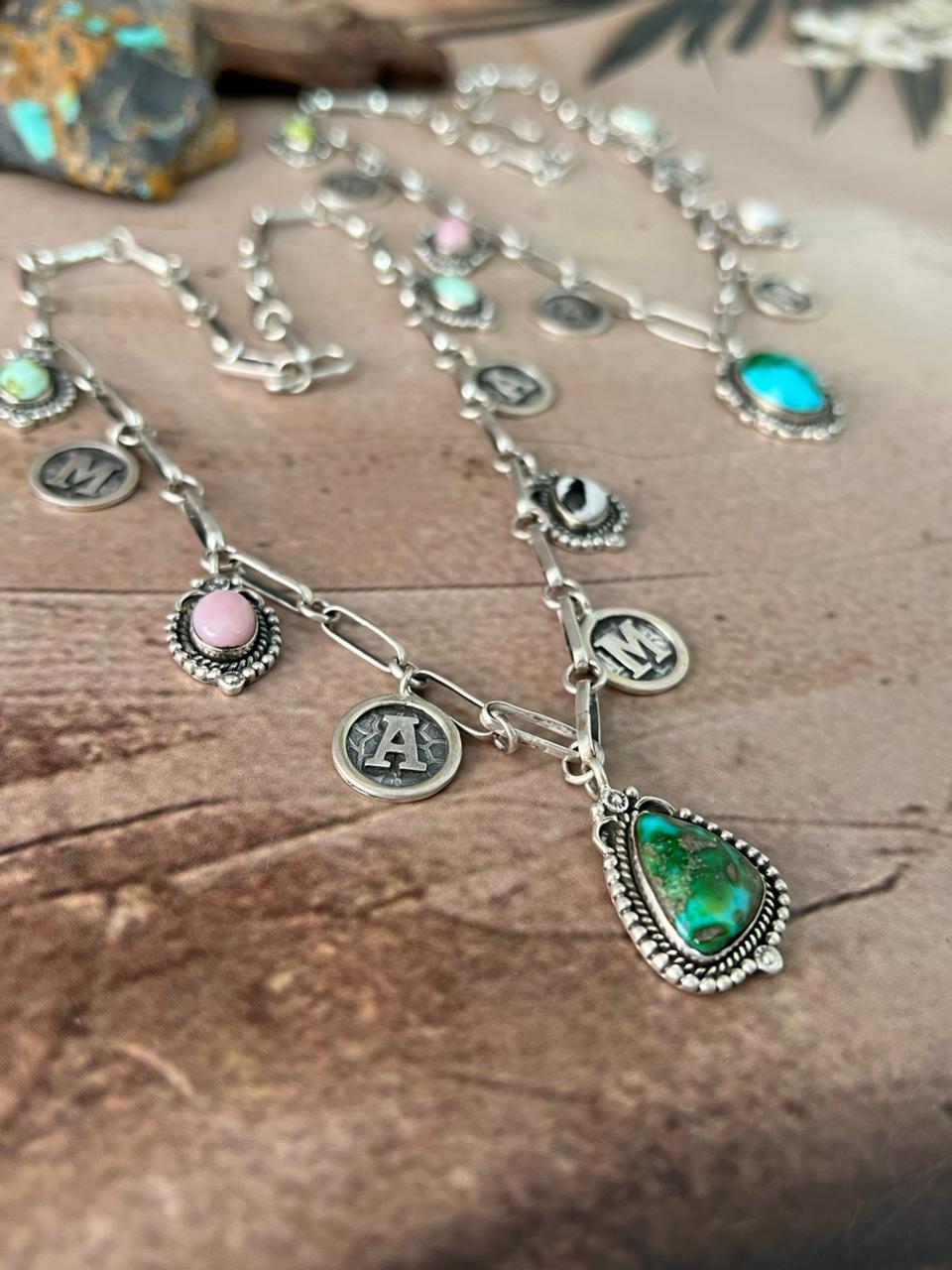Handmade Sterling Silver Mama Collection: Pink Opal with Sonoran Mountain, Paloma,White Buffalo and Palomino Turquoise Necklace "Signed Nizhoni"