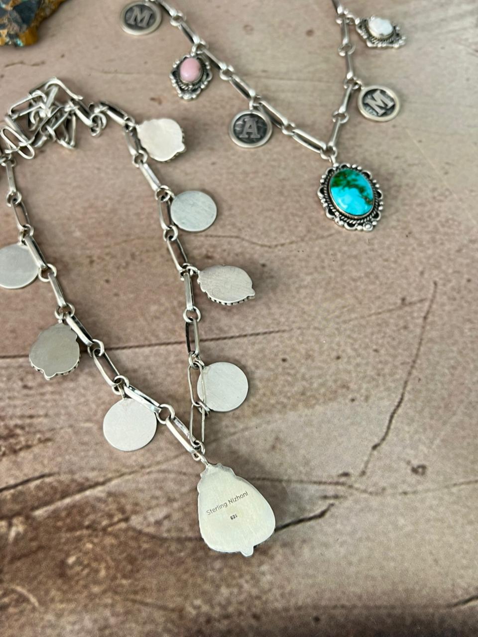Handmade Sterling Silver Mama Collection: Pink Opal with Sonoran Mountain, Paloma,White Buffalo and Palomino Turquoise Necklace "Signed Nizhoni"