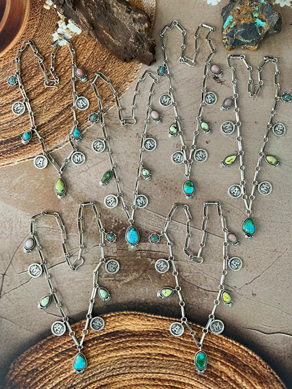 Handmade Sterling Silver Mama Collection: Pink Opal with Sonoran Mountain, Paloma and Palomino Turquoise Necklace "Signed Nizhoni"