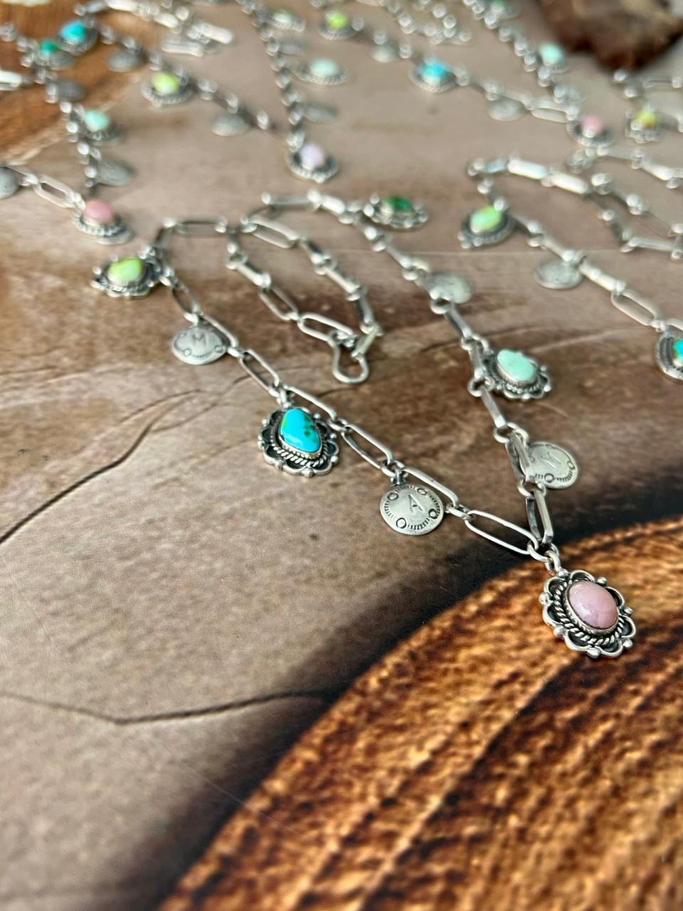 Handmade Sterling Silver Mama Collection: Pink Opal with Sonoran Mountain, Paloma and Palomino Turquoise Necklace "Signed Nizhoni"