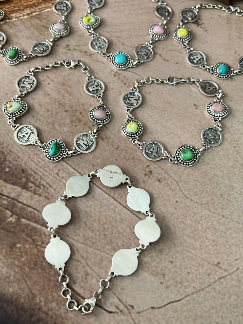 Handmade Sterling Silver Mama Collection: Pink Opal with Sonoran Mountain and Palomino Turquoise Bracelet "Signed Nizhoni"