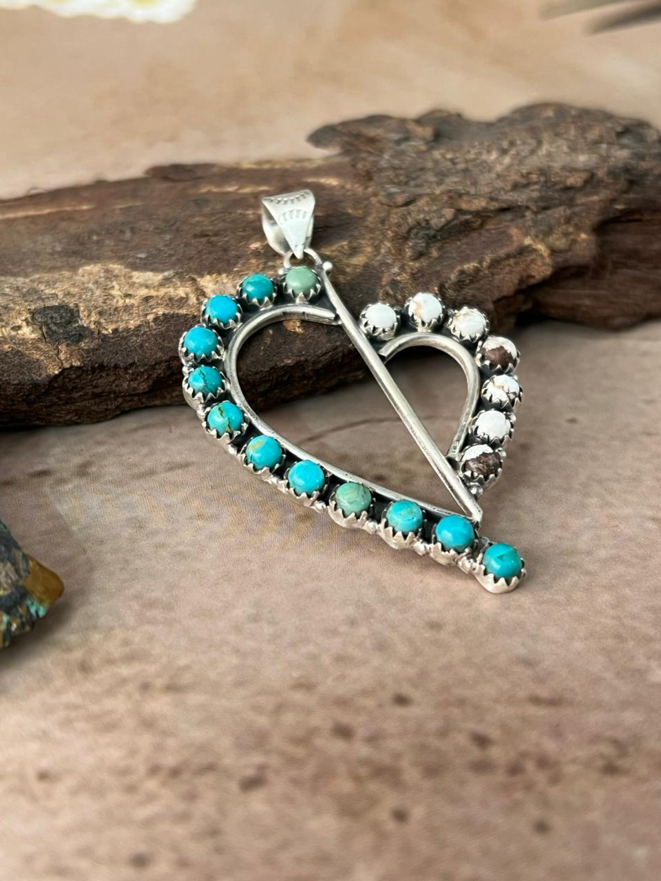Handmade Sterling Silver Mama Collection: Kingman Turquoise with Wild horse Magnesite Heart Pendant "Signed Nizhoni"