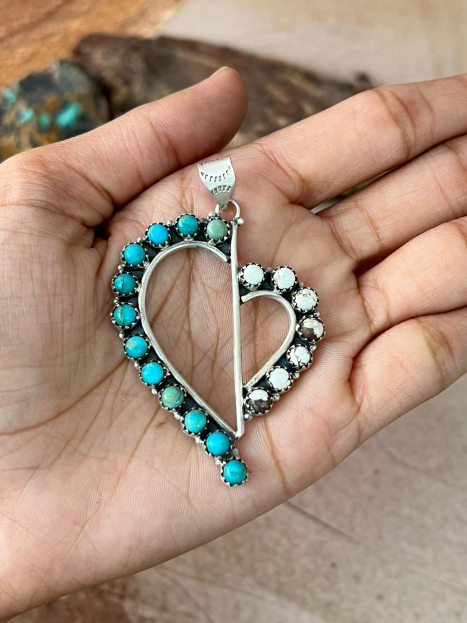 Handmade Sterling Silver Mama Collection: Kingman Turquoise with Wild horse Magnesite Heart Pendant "Signed Nizhoni"