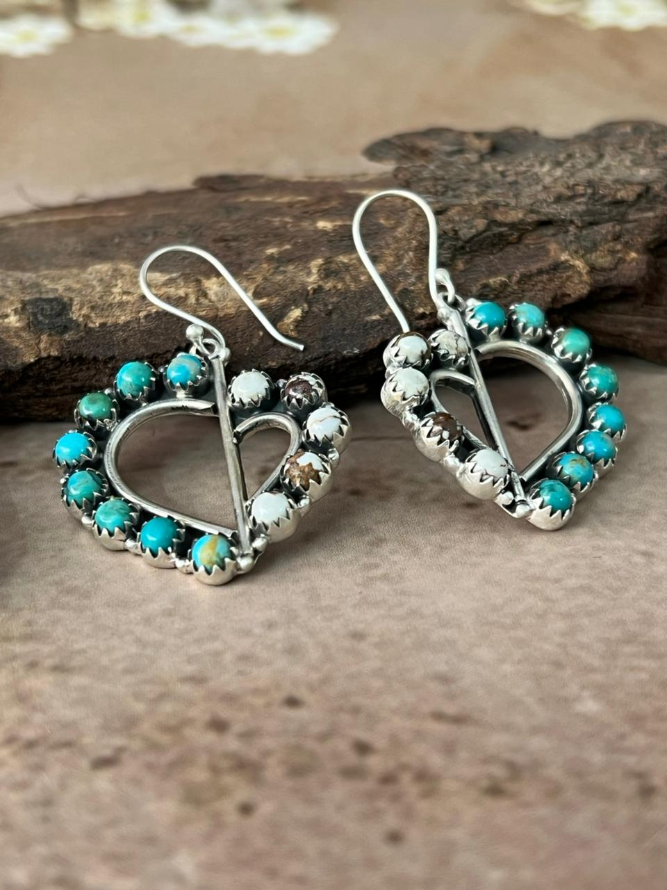 Handmade Sterling Silver Mama Collection: Wild horse Magnesite with Kingman Turquoise Hook Dangle Heart Earrings "Signed Nizhoni"