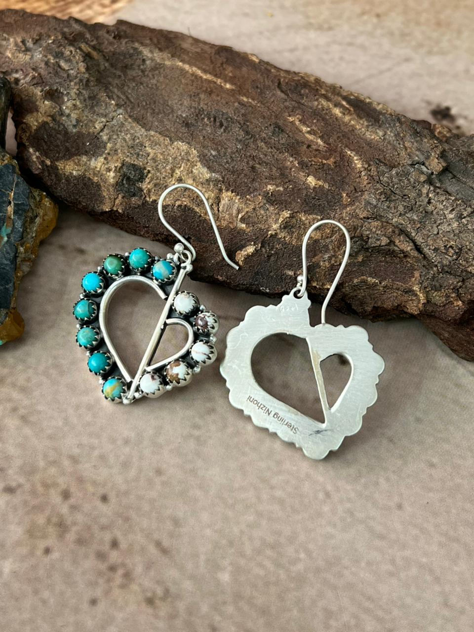 Handmade Sterling Silver Mama Collection: Wild horse Magnesite with Kingman Turquoise Hook Dangle Heart Earrings "Signed Nizhoni"
