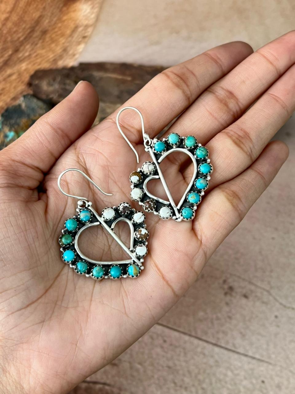 Handmade Sterling Silver Mama Collection: Wild horse Magnesite with Kingman Turquoise Hook Dangle Heart Earrings "Signed Nizhoni"