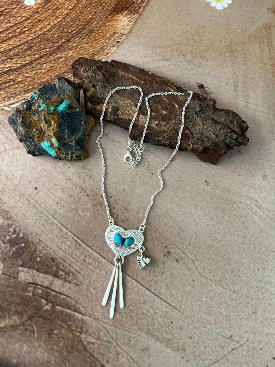 Handmade Sterling Silver Mama Collection: Wild horse Magnesite with Kingman Turquoise Heart Necklace "Signed Nizhoni"