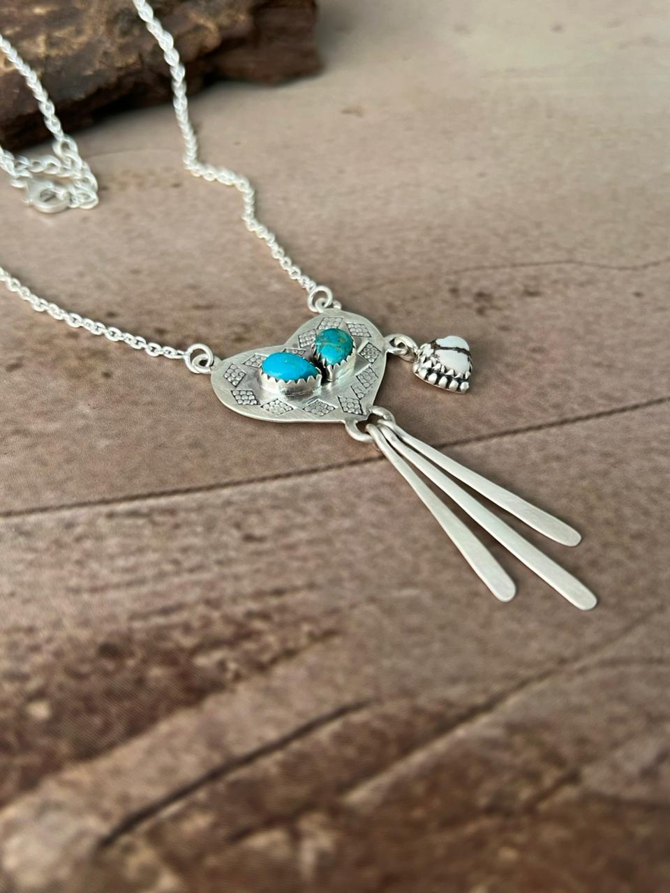 Handmade Sterling Silver Mama Collection: Wild horse Magnesite with Kingman Turquoise Heart Necklace "Signed Nizhoni"