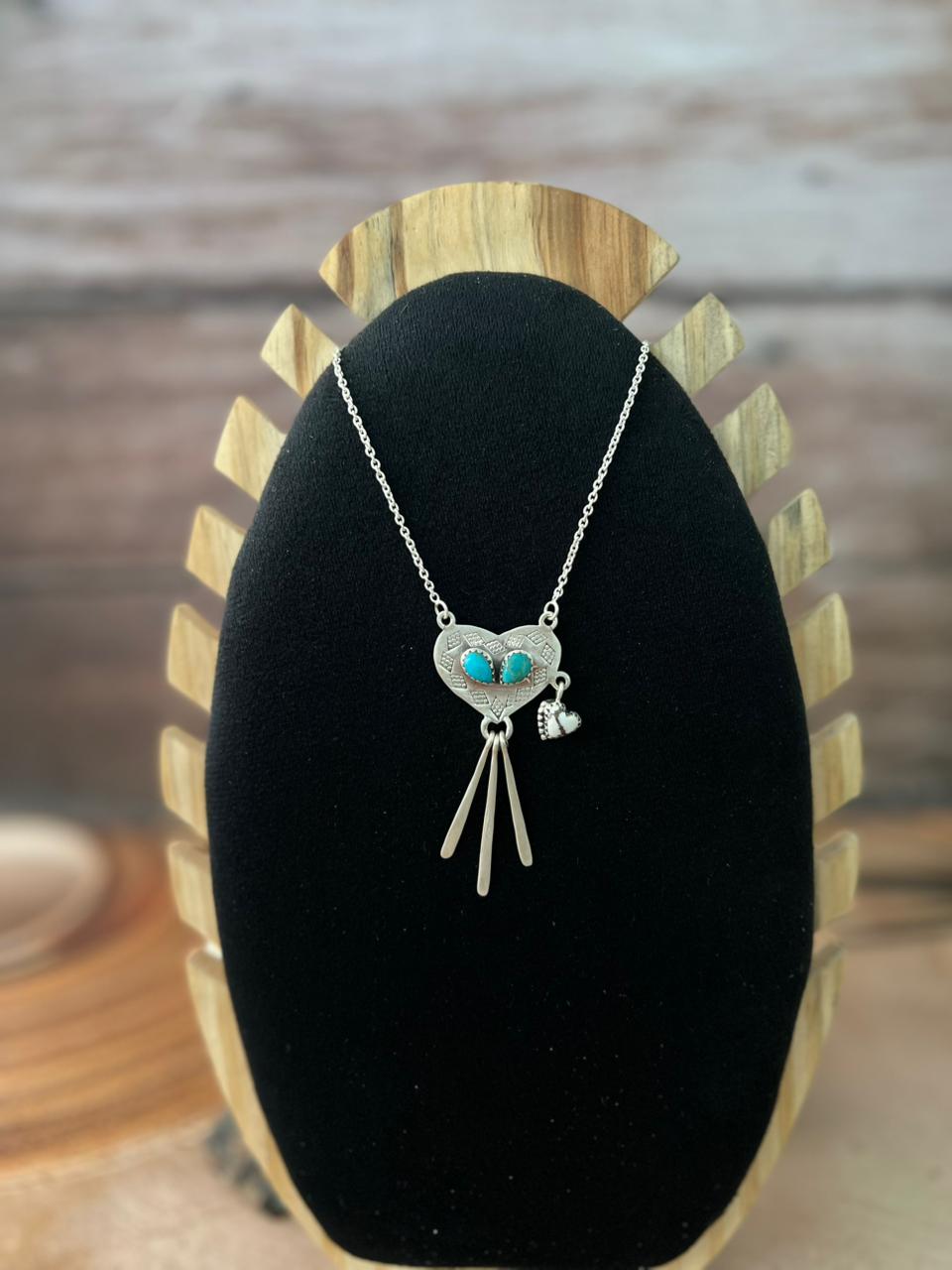 Handmade Sterling Silver Mama Collection: Wild horse Magnesite with Kingman Turquoise Heart Necklace "Signed Nizhoni"