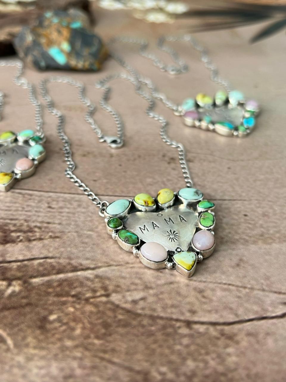 Handmade Sterling Silver Mama Collection: Pink Opal with Sonoran Mountain and Palomino Turquoise Necklace "Signed Nizhoni"