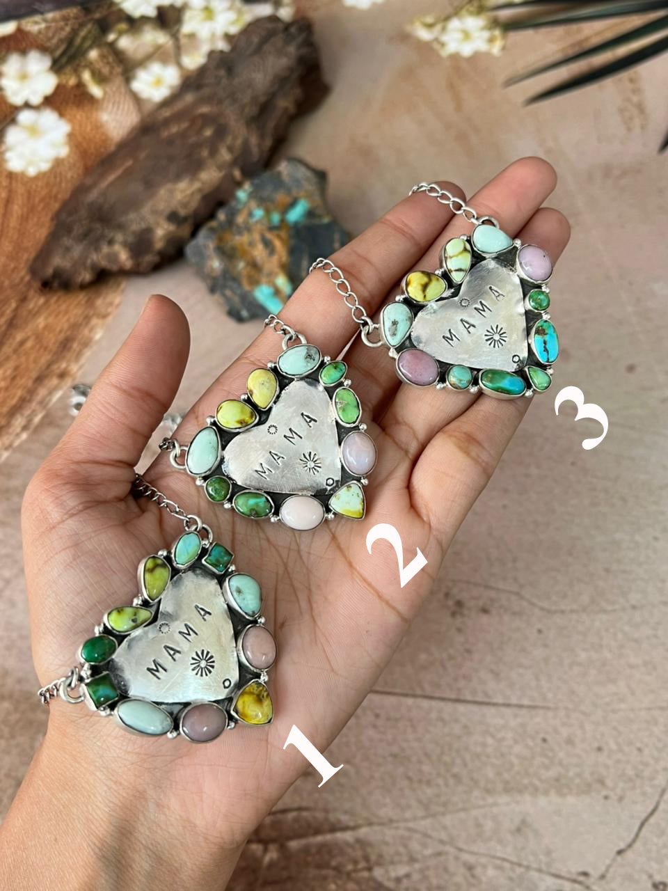 Handmade Sterling Silver Mama Collection: Pink Opal with Sonoran Mountain and Palomino Turquoise Necklace "Signed Nizhoni"