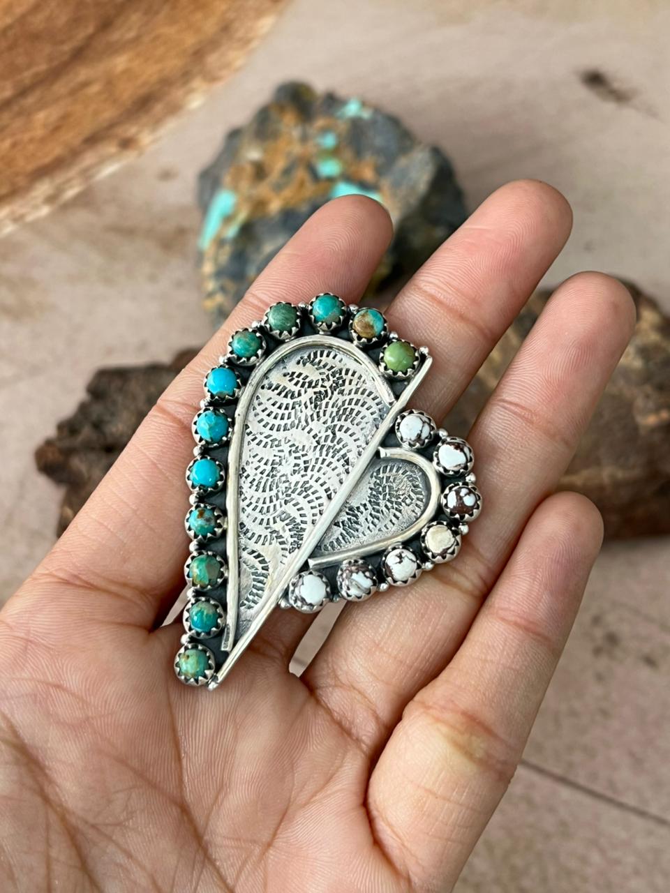Handmade Sterling Silver Mama Collection: Wild horse Magnesite with Kingman Turquoise Adjustable Rings "Signed Nizhoni"