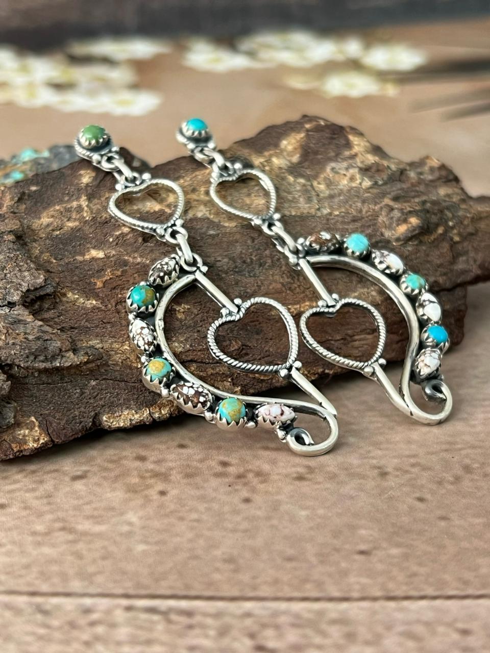 Handmade Sterling Silver Mama Collection: Wild horse Magnesite with Kingman Turquoise Post Dangle Earrings "Signed Nizhoni"