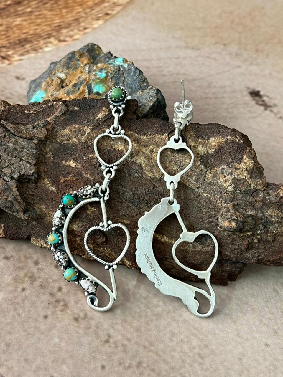 Handmade Sterling Silver Mama Collection: Wild horse Magnesite with Kingman Turquoise Post Dangle Earrings "Signed Nizhoni"