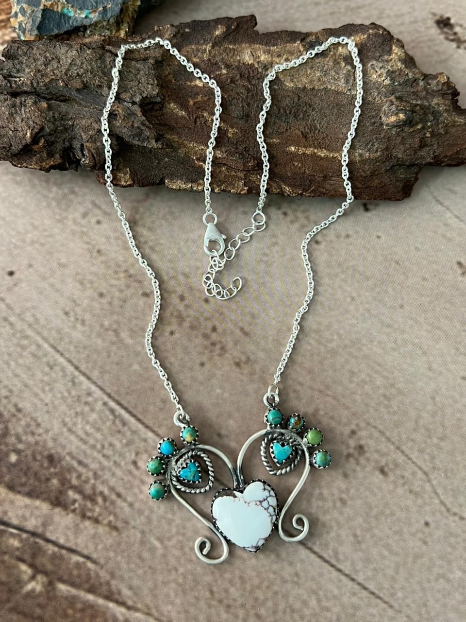 Handmade Sterling Silver Mama Collection: Wild horse Magnesite with Kingman Turquoise Necklace "Signed Nizhoni"