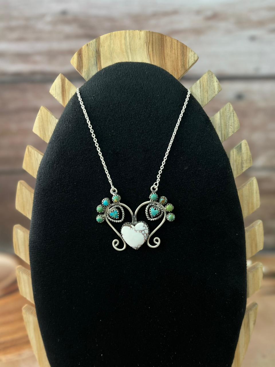 Handmade Sterling Silver Mama Collection: Wild horse Magnesite with Kingman Turquoise Necklace "Signed Nizhoni"
