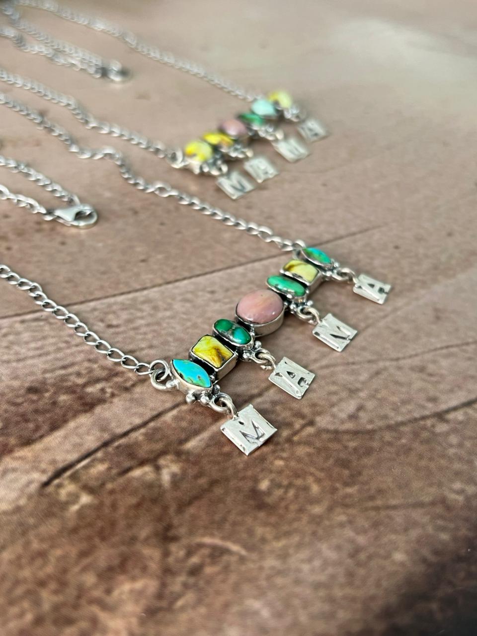 Handmade Sterling Silver Mama Collection: Pink Opal with Sonoran Mountain, Golden Hills and Palomino Turquoise "Signed Nizhoni"