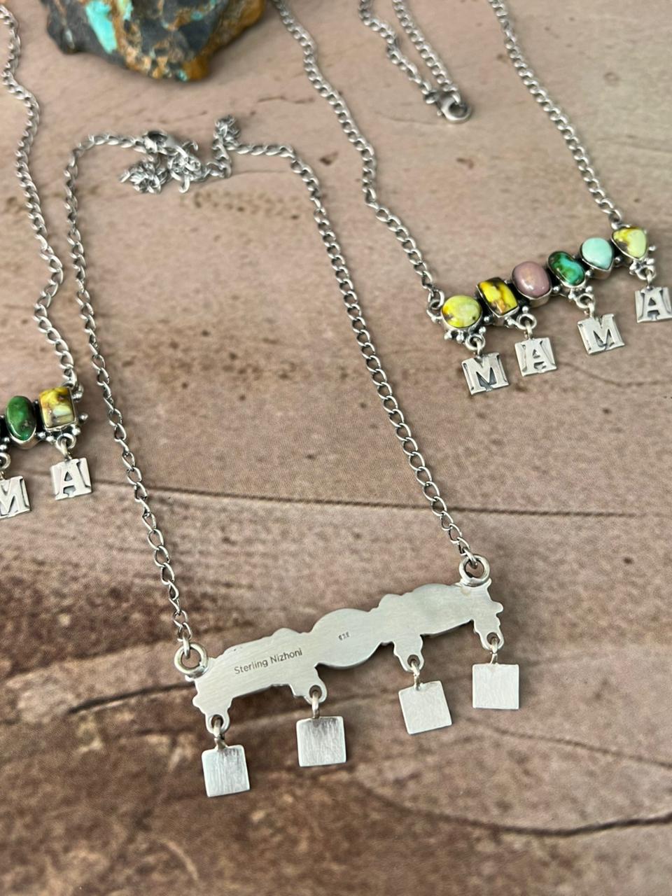 Handmade Sterling Silver Mama Collection: Pink Opal with Sonoran Mountain, Golden Hills and Palomino Turquoise "Signed Nizhoni"