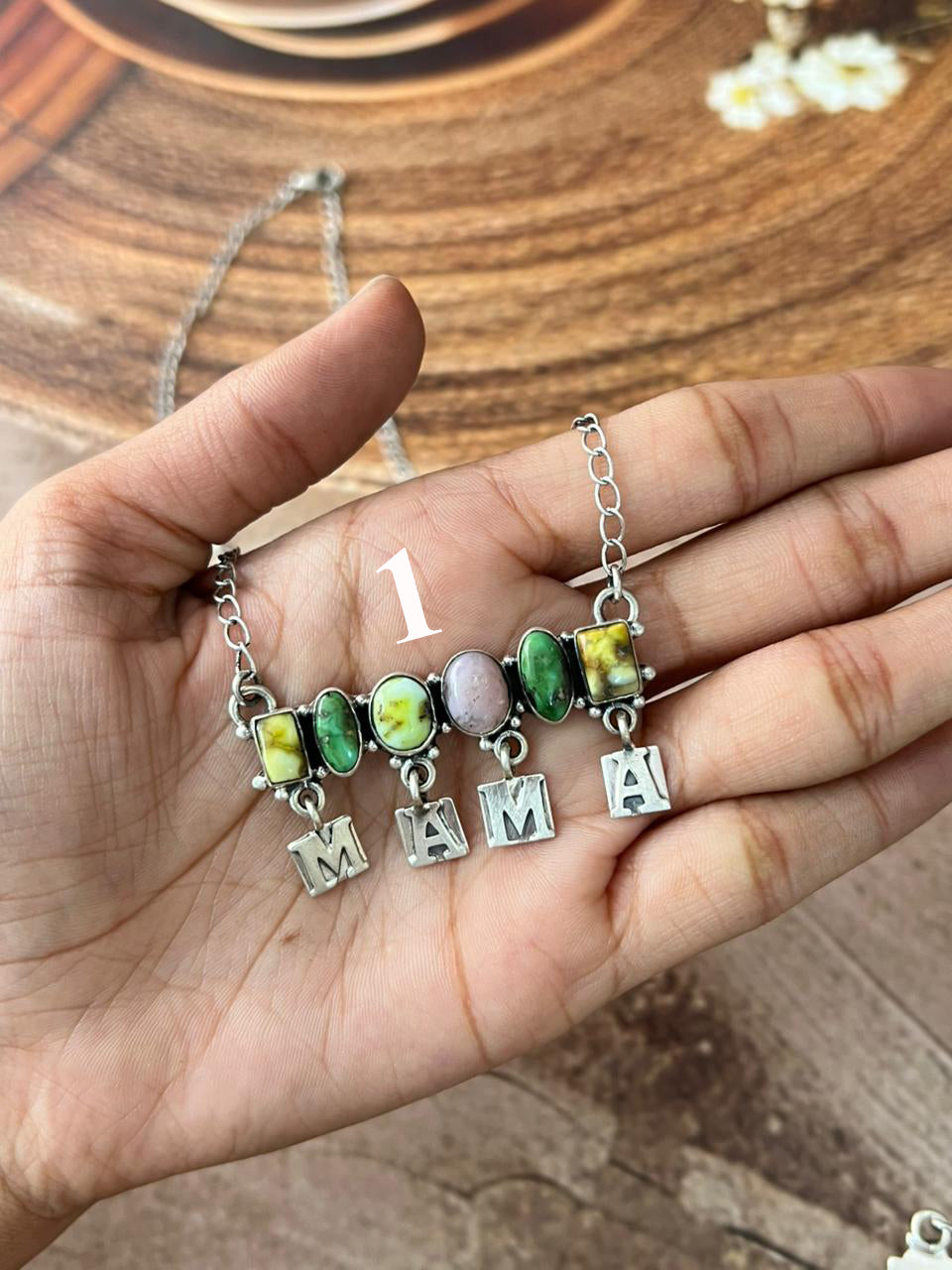 Handmade Sterling Silver Mama Collection: Pink Opal with Sonoran Mountain, Golden Hills and Palomino Turquoise "Signed Nizhoni"