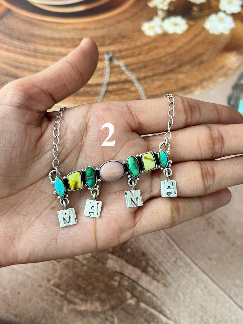 Handmade Sterling Silver Mama Collection: Pink Opal with Sonoran Mountain, Golden Hills and Palomino Turquoise "Signed Nizhoni"