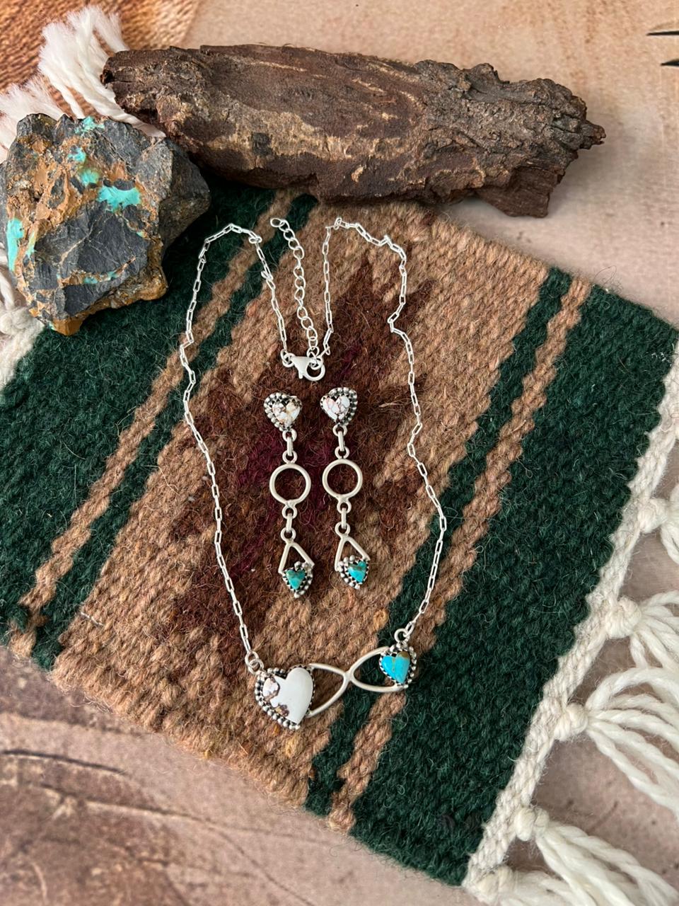 Handmade Sterling Silver Mama Collection: Wild horse Magnesite with Kingman Turquoise Infinity Necklace Earrings Set "Signed Nizhoni"